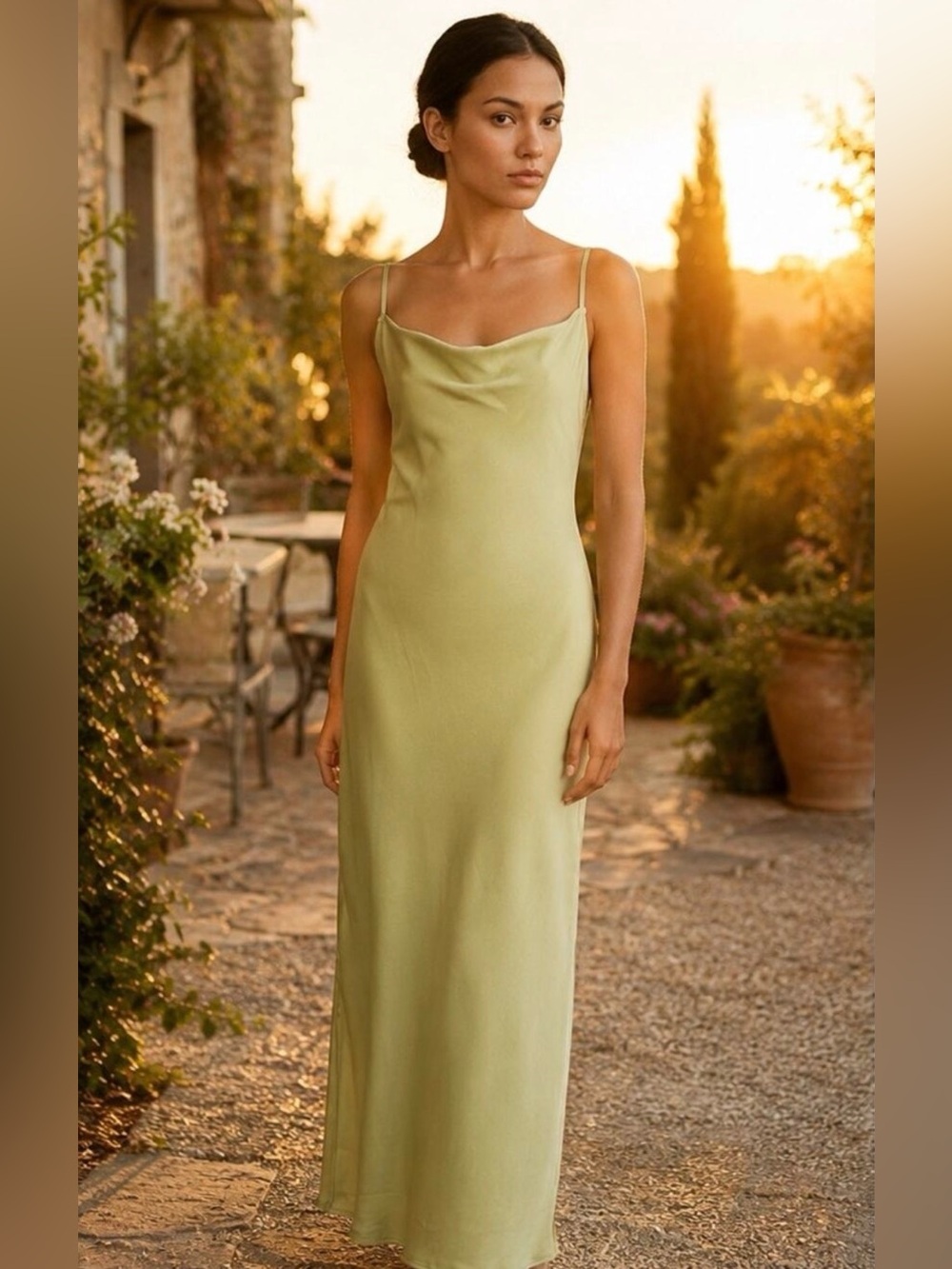 Dress Forum Silky Green Satin Look Cowl Neck Slip Dress L NWOT Dipped Back